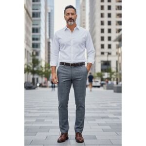 Versini 100% Wool Dress Pants Gray Windowpane Plaid‎ Flat Front 36 Short